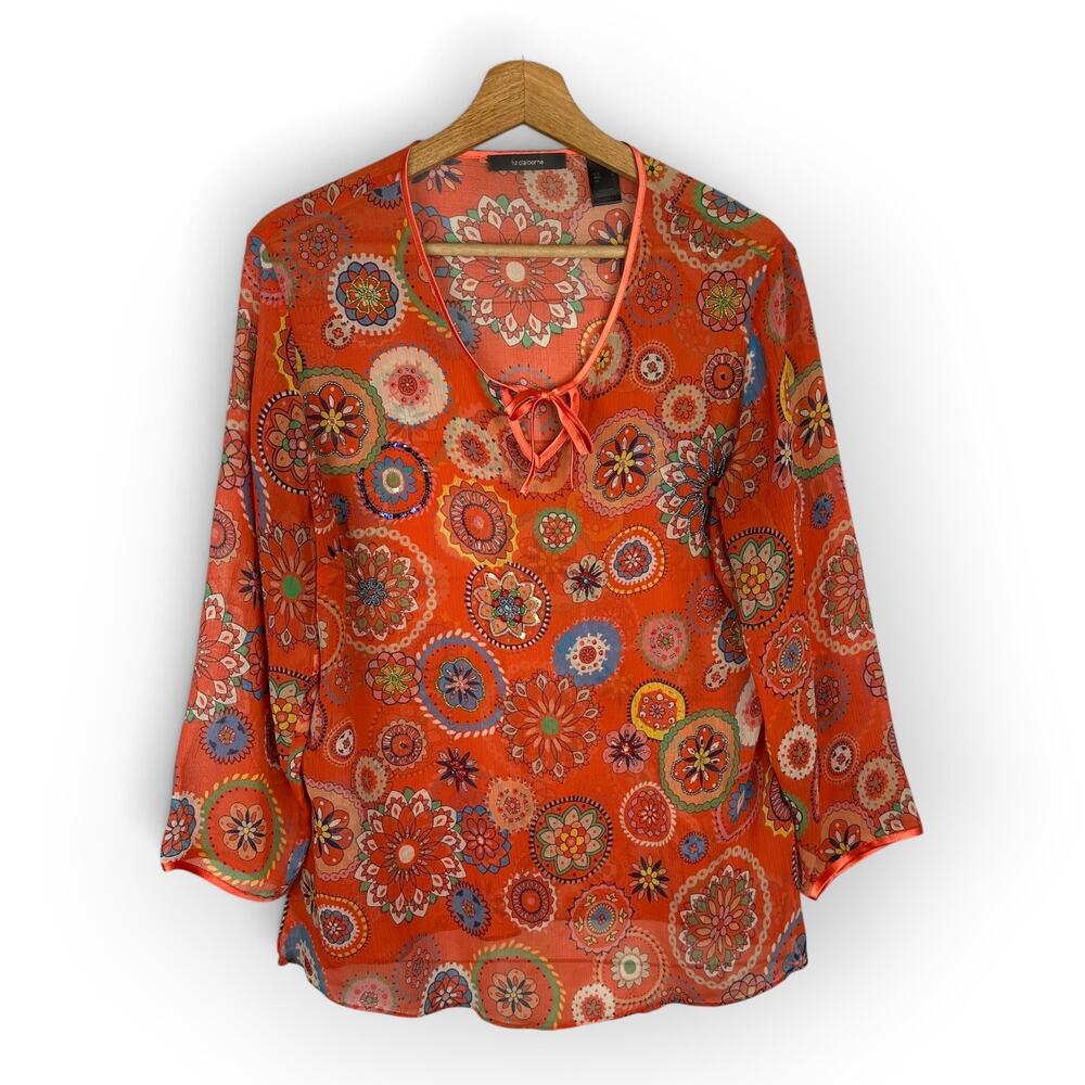 Liz Claiborne Womens Large Orange Sheer Medallion Print Beaded Boho Festival Top